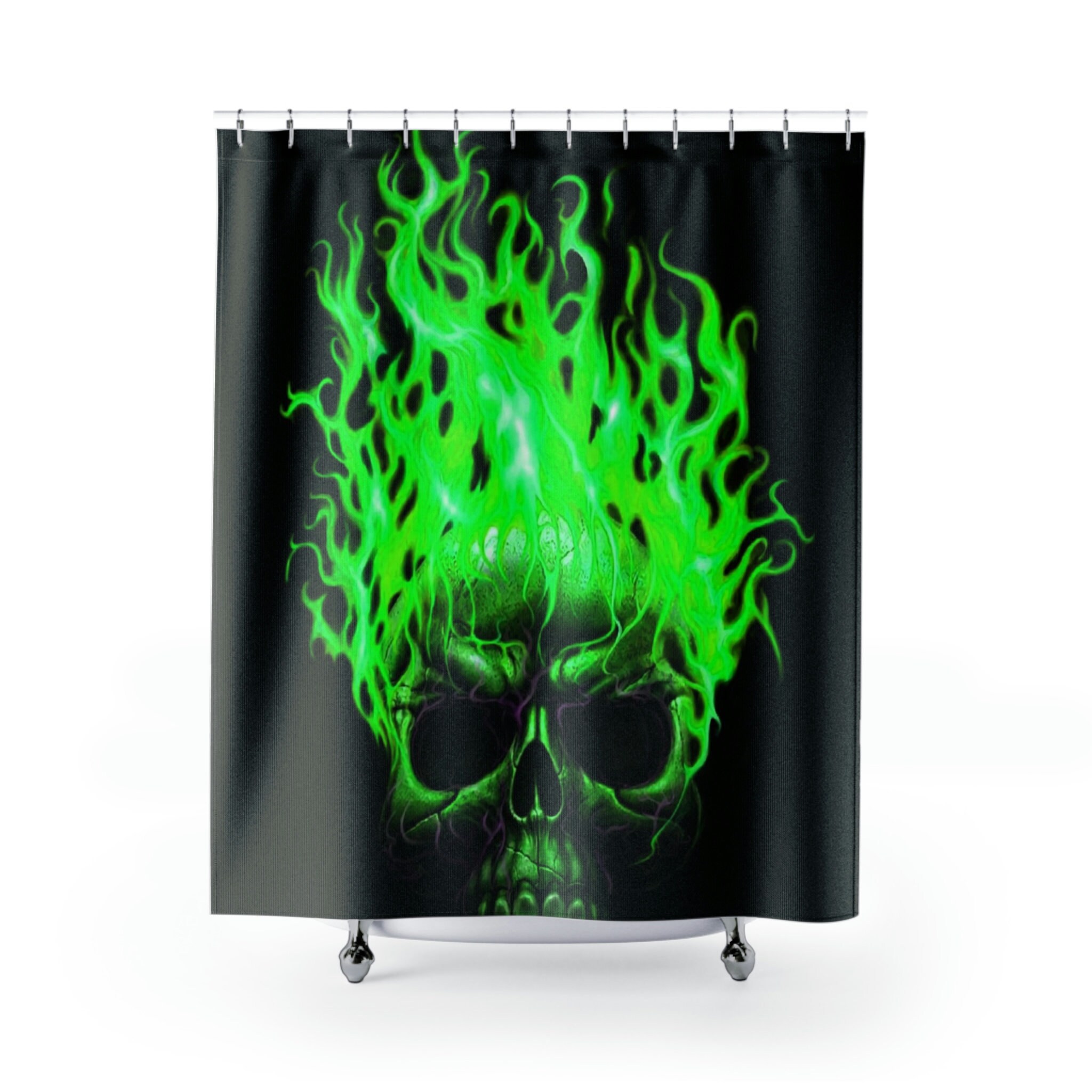 Green Flaming Skull Shower Curtain, Waterproof Fabric Gothic Bathroom Decor