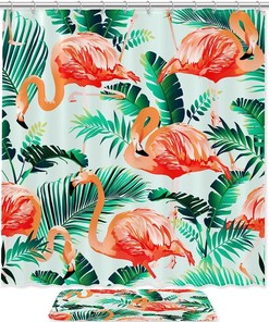 Green Flamingo Watercolor Shower Curtain