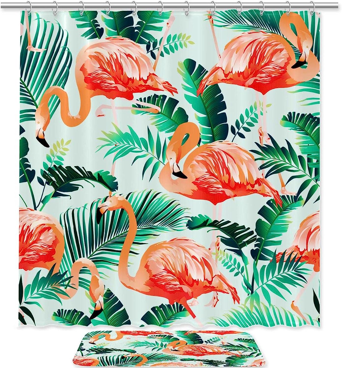 Green Flamingo Watercolor Shower Curtain