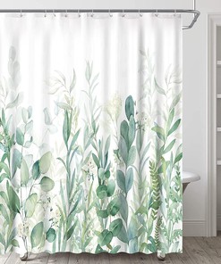 Green Floral Shower Curtain With Elegant Watercolor Eucalyptus Plant Leaves Design