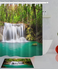 Green Forest Waterfall Polyester Fabric Shower Curtain for a Nature Lover's Bathroom