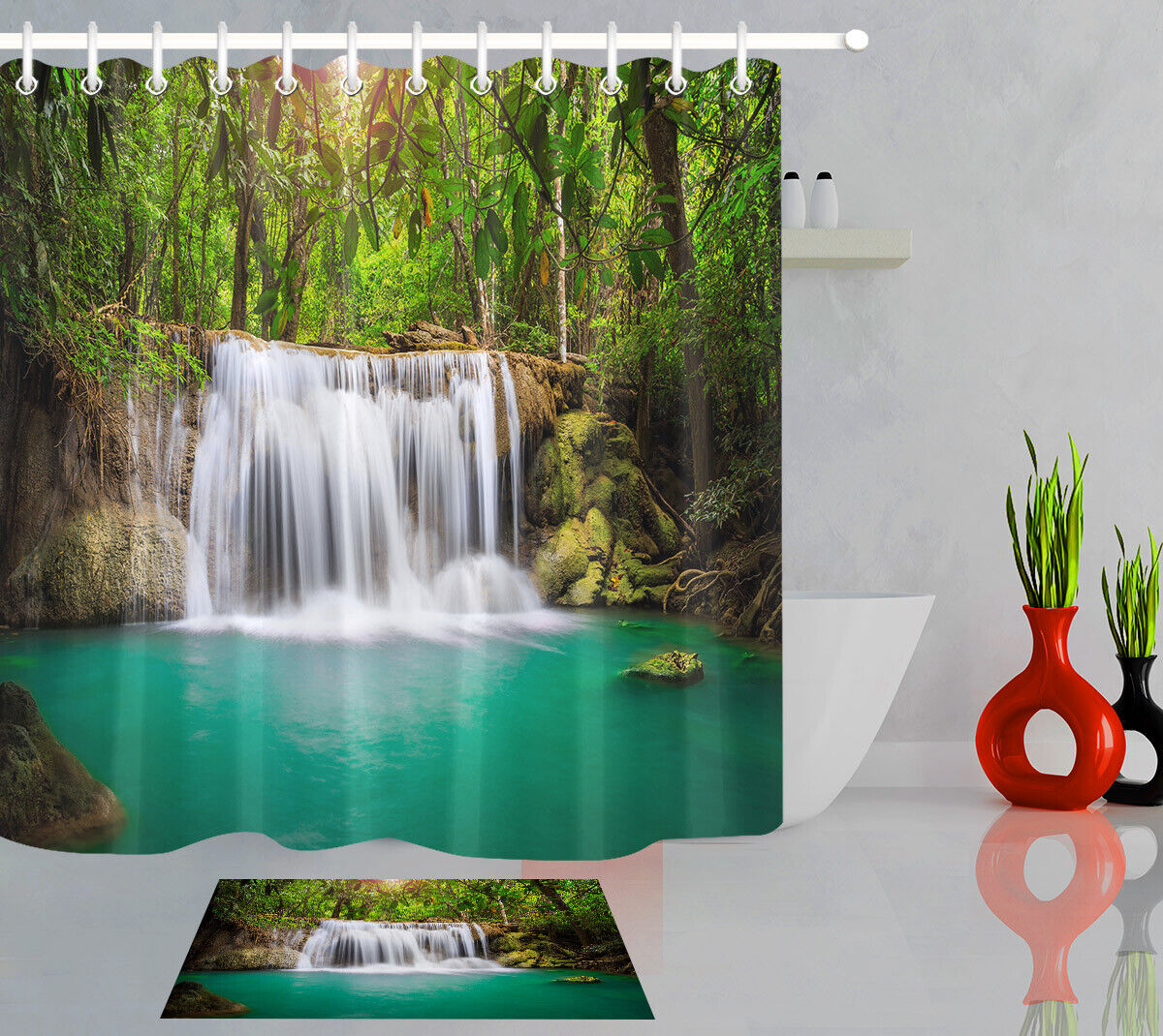 Green Forest Waterfall Polyester Fabric Shower Curtain for a Nature Lover's Bathroom