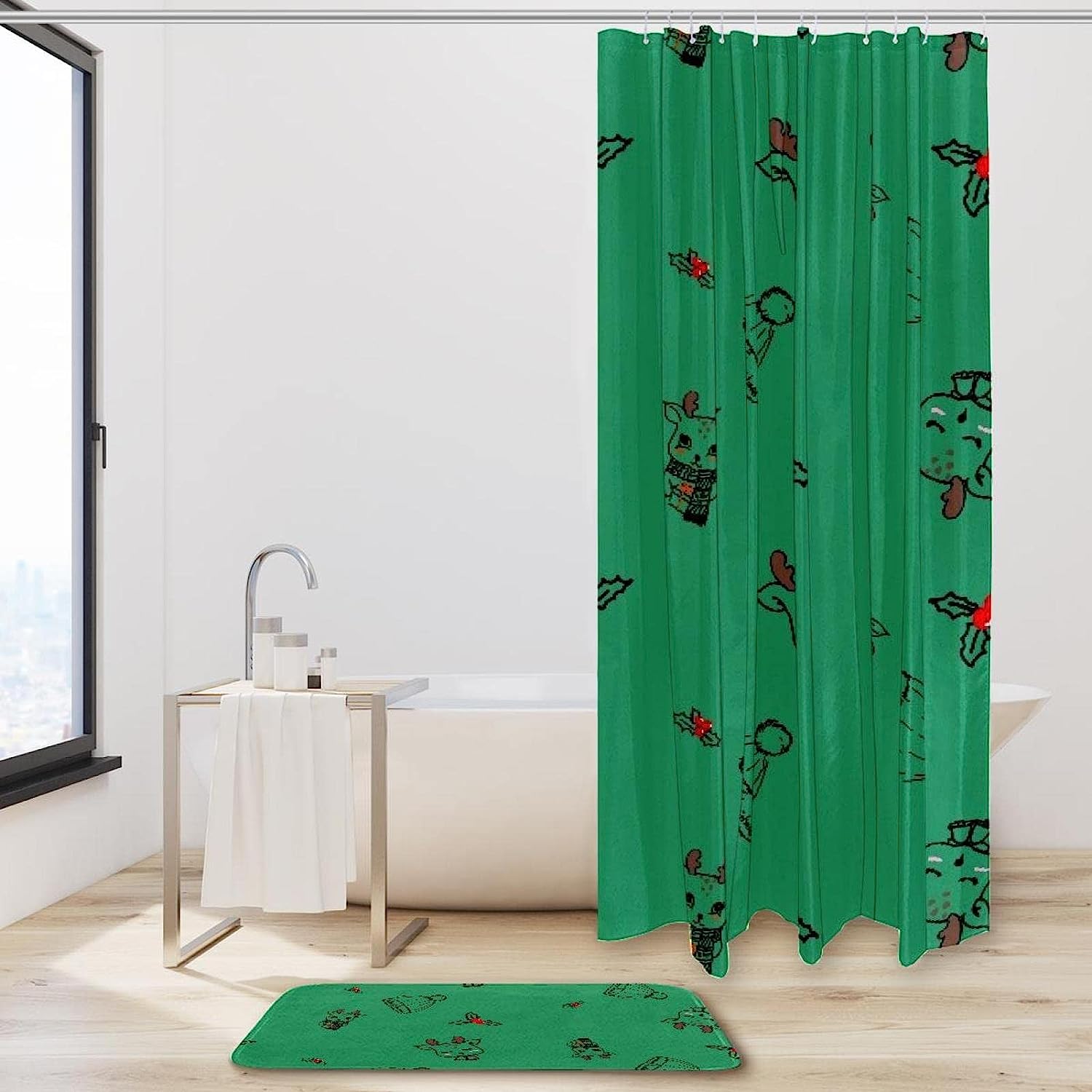 Green Forest With Cute Animals Print Shower Curtain - Feminine And Charming For A Kid'S Bathroom - Image 2