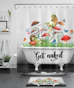 Green Frog And Mushroom Print Shower Curtain For Nature Lovers