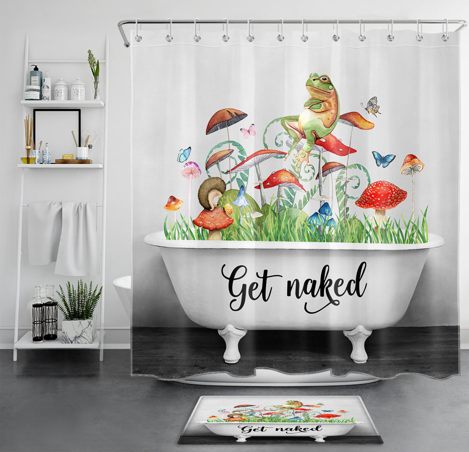 Green Frog And Mushroom Print Shower Curtain For Nature Lovers