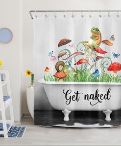 Green Frog And Mushroom Print Shower Curtain For Nature Lovers