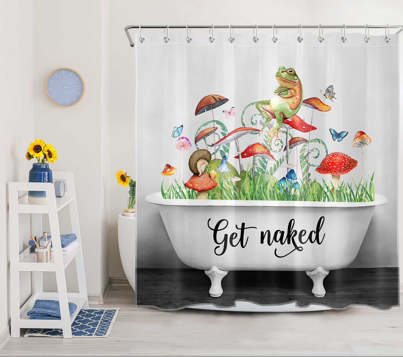 Green Frog And Mushroom Print Shower Curtain For Nature Lovers