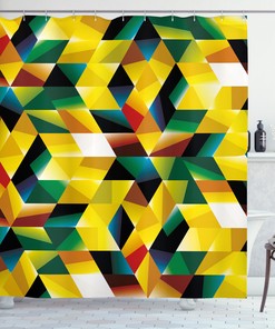 Green Geometric Figures Print on Yellow Shower Curtain for Bold Bathroom Decor 