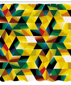 Green Geometric Figures Print on Yellow Shower Curtain for Bold Bathroom Decor