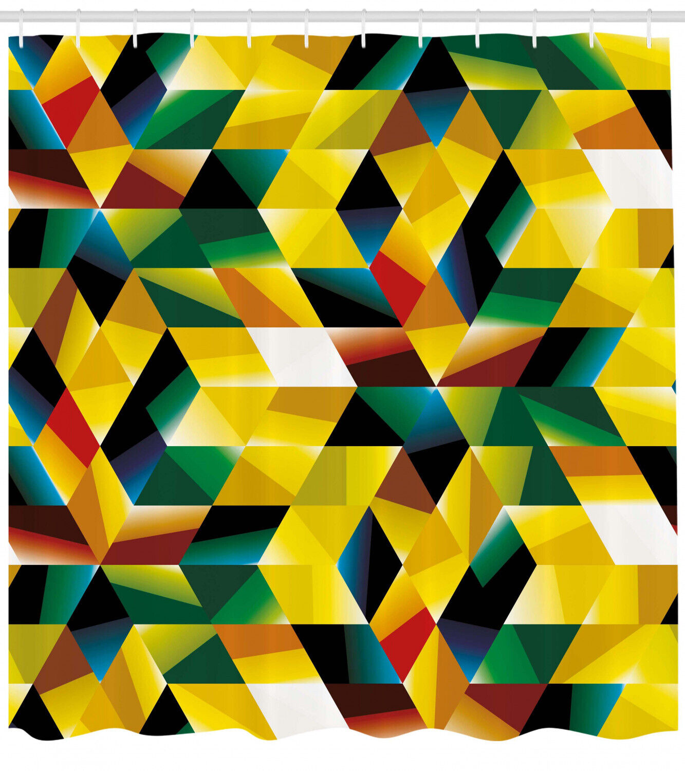 Green Geometric Figures Print on Yellow Shower Curtain for Bold Bathroom Decor
