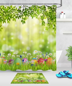 Green Grass And Wild Flowers Easter Eggs Shower Curtain For Bathroom Decor