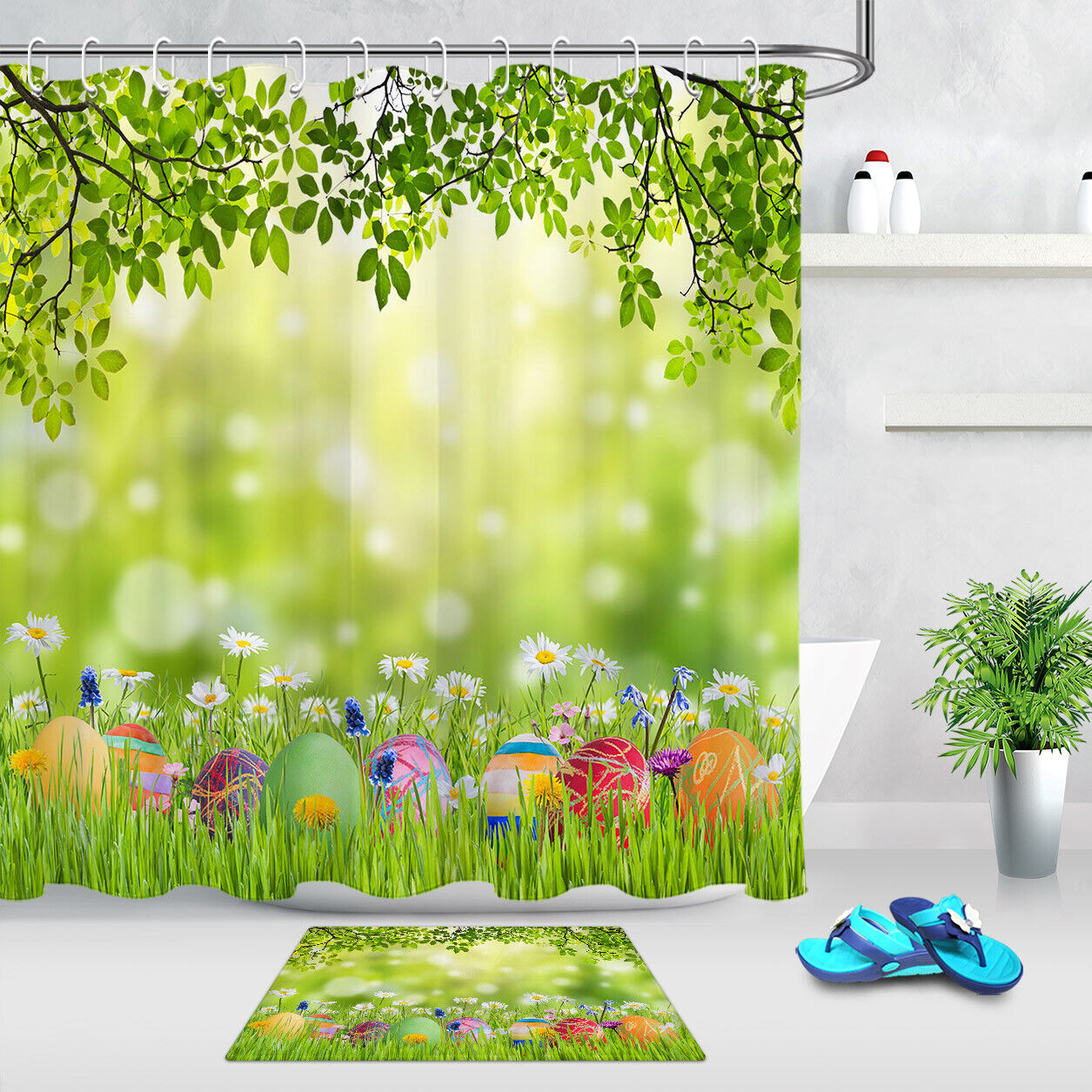 Green Grass And Wild Flowers Easter Eggs Shower Curtain For Bathroom Decor
