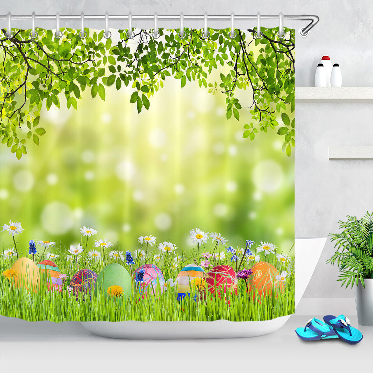 Green Grass And Wild Flowers Easter Eggs Shower Curtain For Bathroom Decor