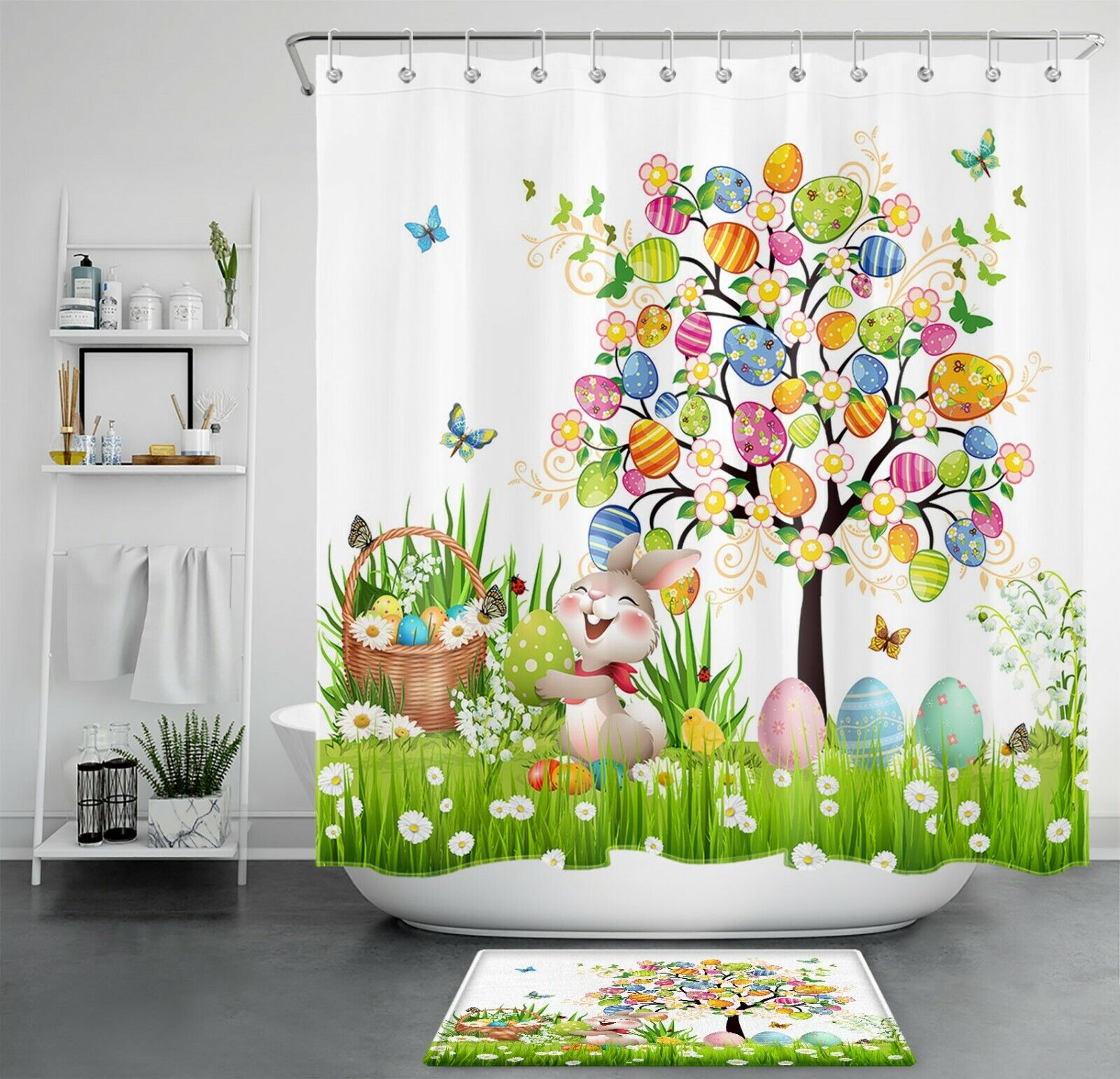 Green Grass Easter Rabbit Shower Curtain For Bathroom Accessories