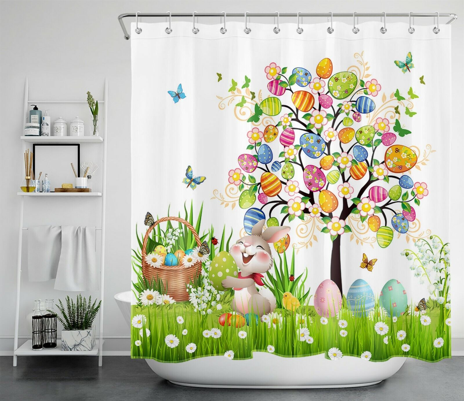 Green Grass Easter Rabbit Shower Curtain For Bathroom Accessories