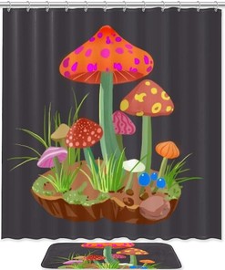 Green Grass Mushroom Printed Bathroom Tub Set With Waterproof Fabric Shower Curtain