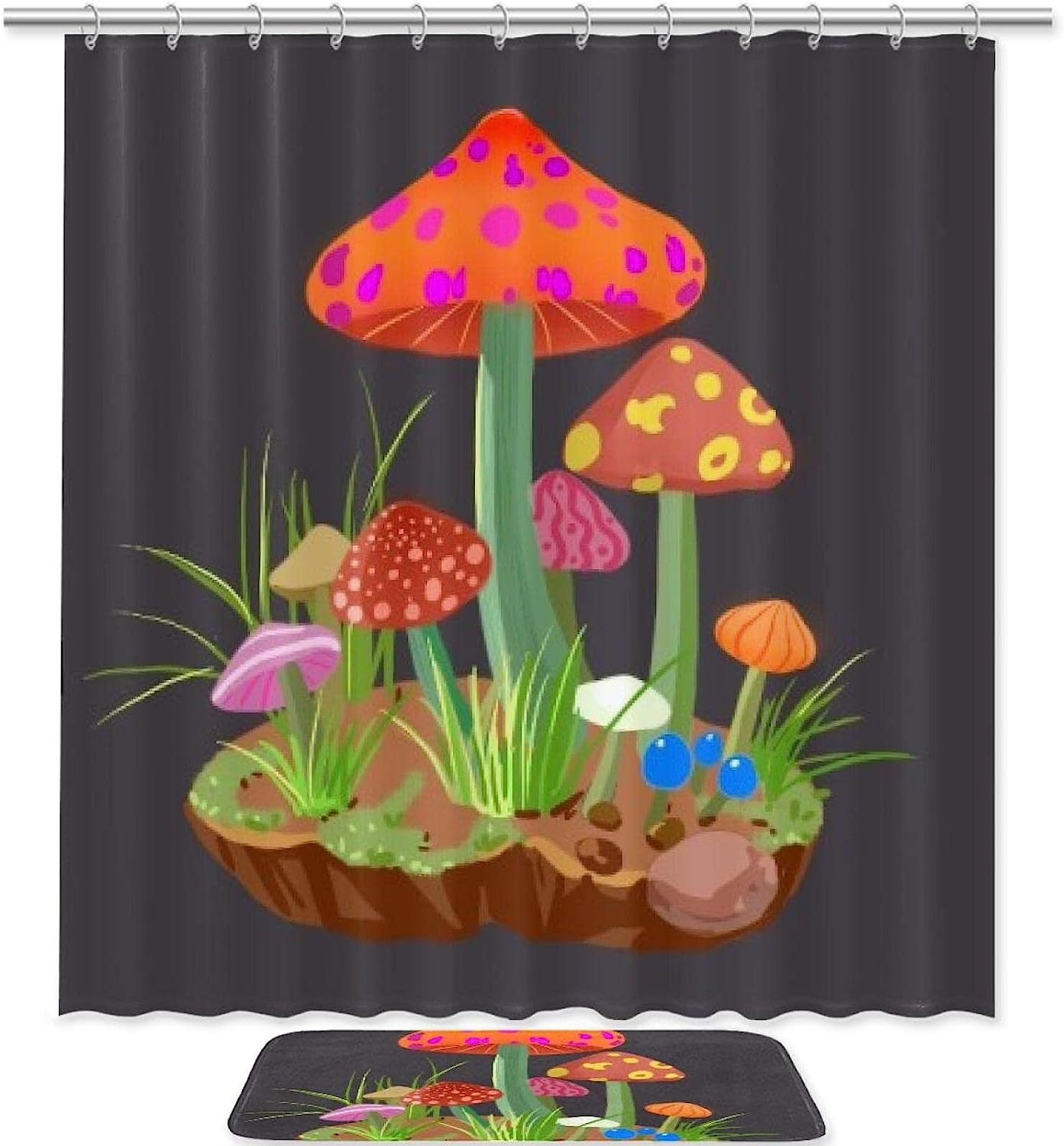 Green Grass Mushroom Printed Bathroom Tub Set With Waterproof Fabric Shower Curtain