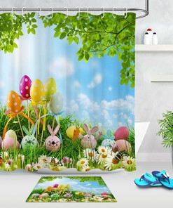 Green Grass Wild Flowers And Blue Sky Easter Eggs Shower Curtain
