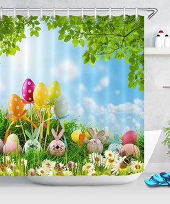 Green Grass Wild Flowers And Blue Sky Easter Eggs Shower Curtain