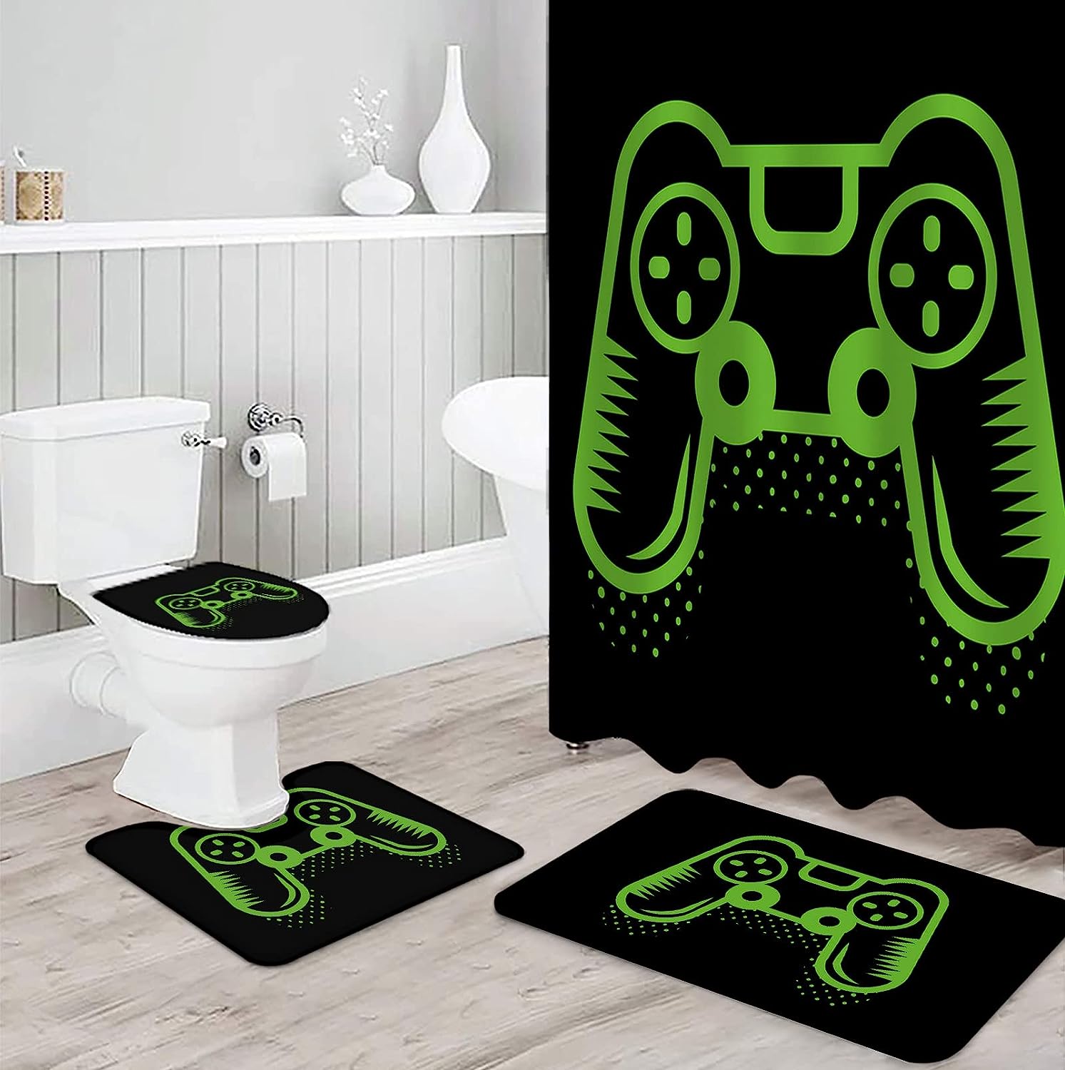 Green Handle Gaming-Themed Video Game Art Shower Curtain - Playful Bathroom Decor