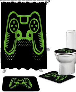 Green Handle Gaming-Themed Video Game Art Shower Curtain - Playful Bathroom Decor