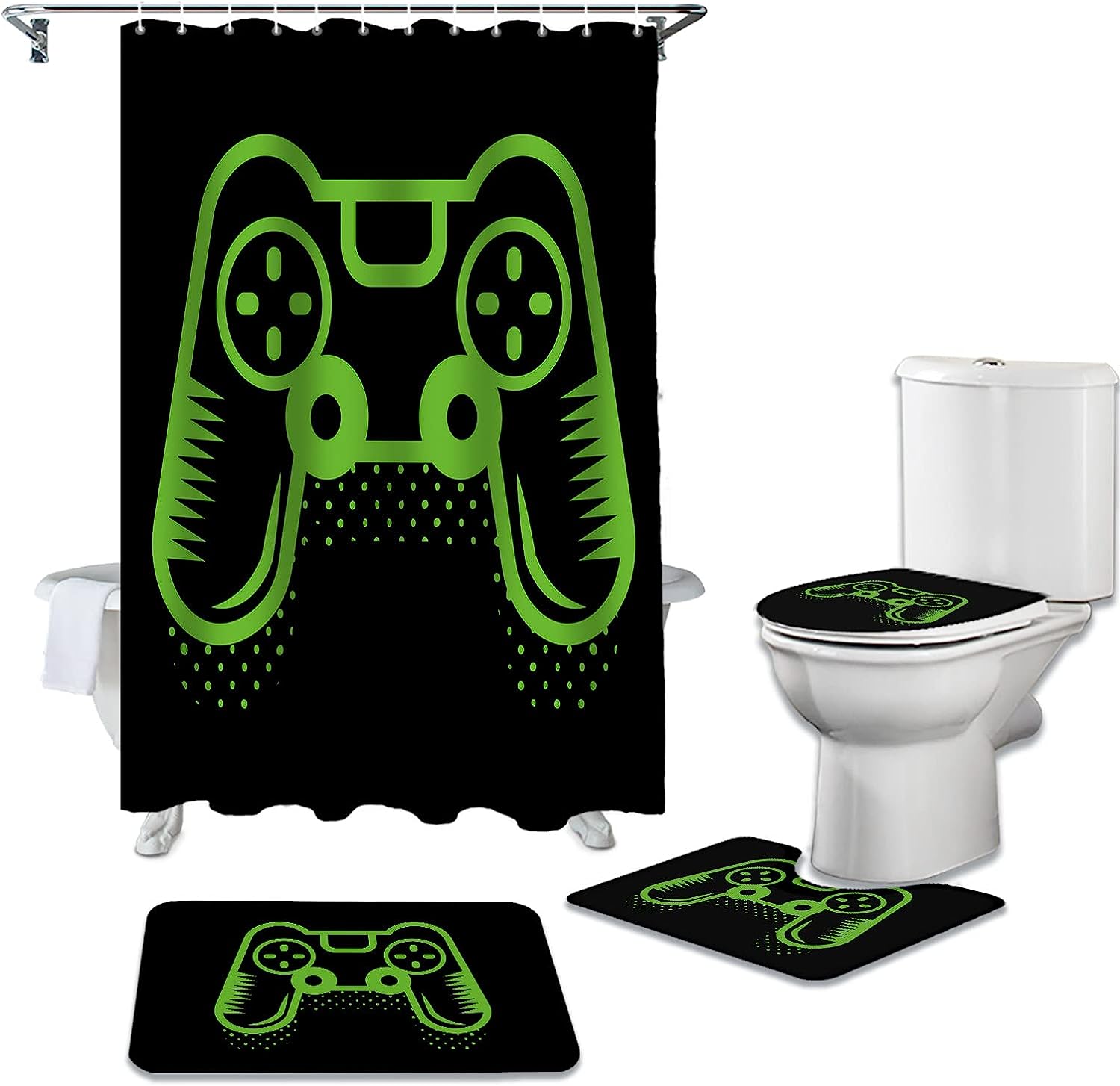Green Handle Gaming-Themed Video Game Art Shower Curtain - Playful Bathroom Decor