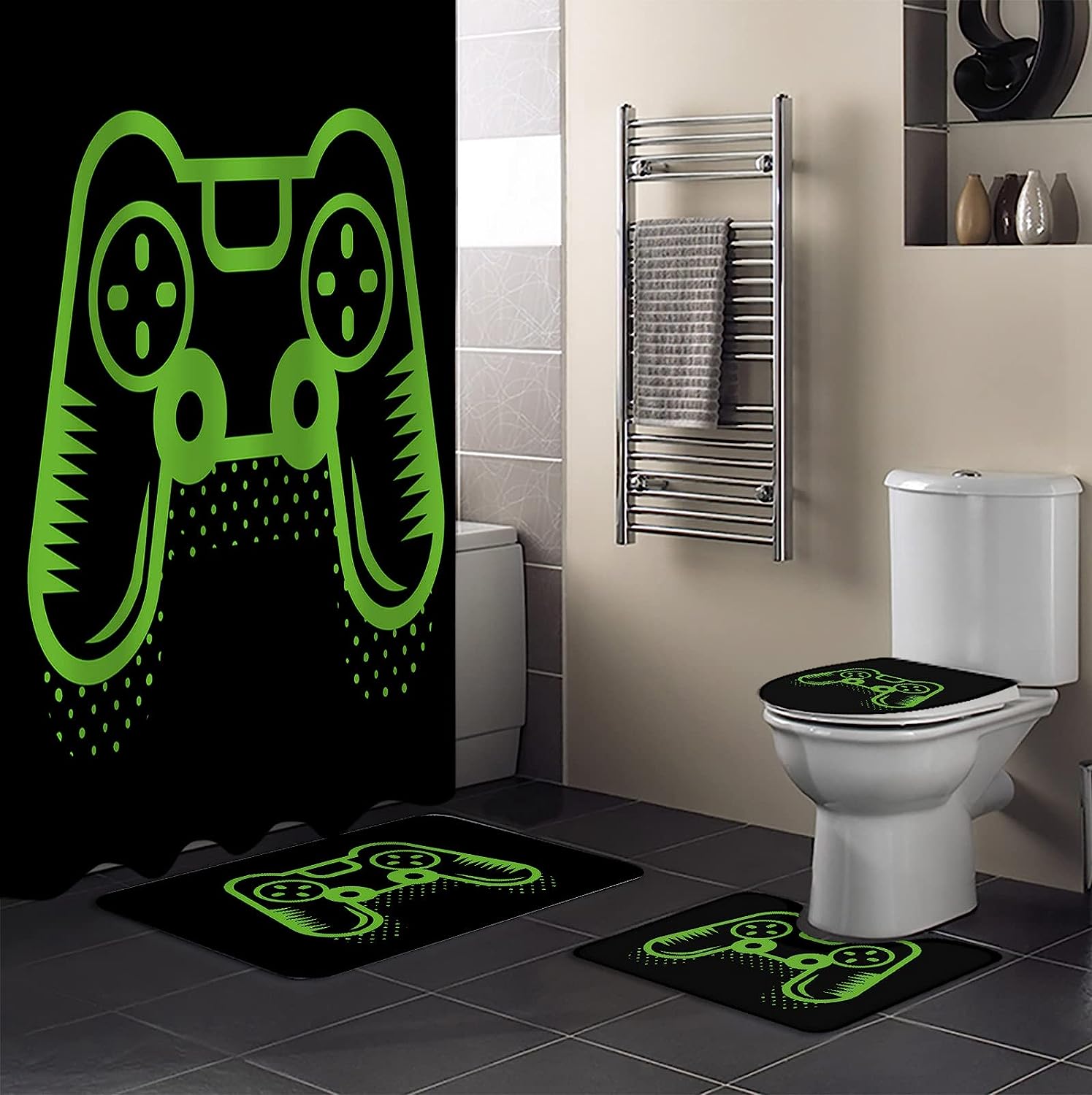 Green Handle Gaming-Themed Video Game Art Shower Curtain - Playful Bathroom Decor
