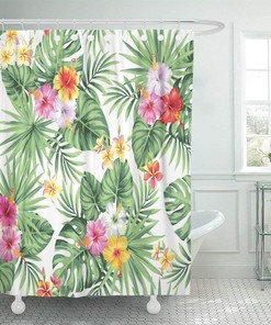 Green Hawaiian Tropical Palm Leaves And Flowers Shower Curtain Set, Waterproof Fabric