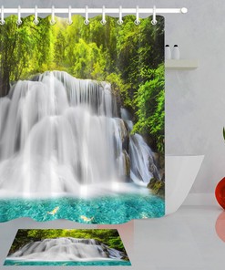 Green Jungle Waterfall Stream Scenery Fabric Shower Curtain, Waterproof Bathroom Decor With Nature Print