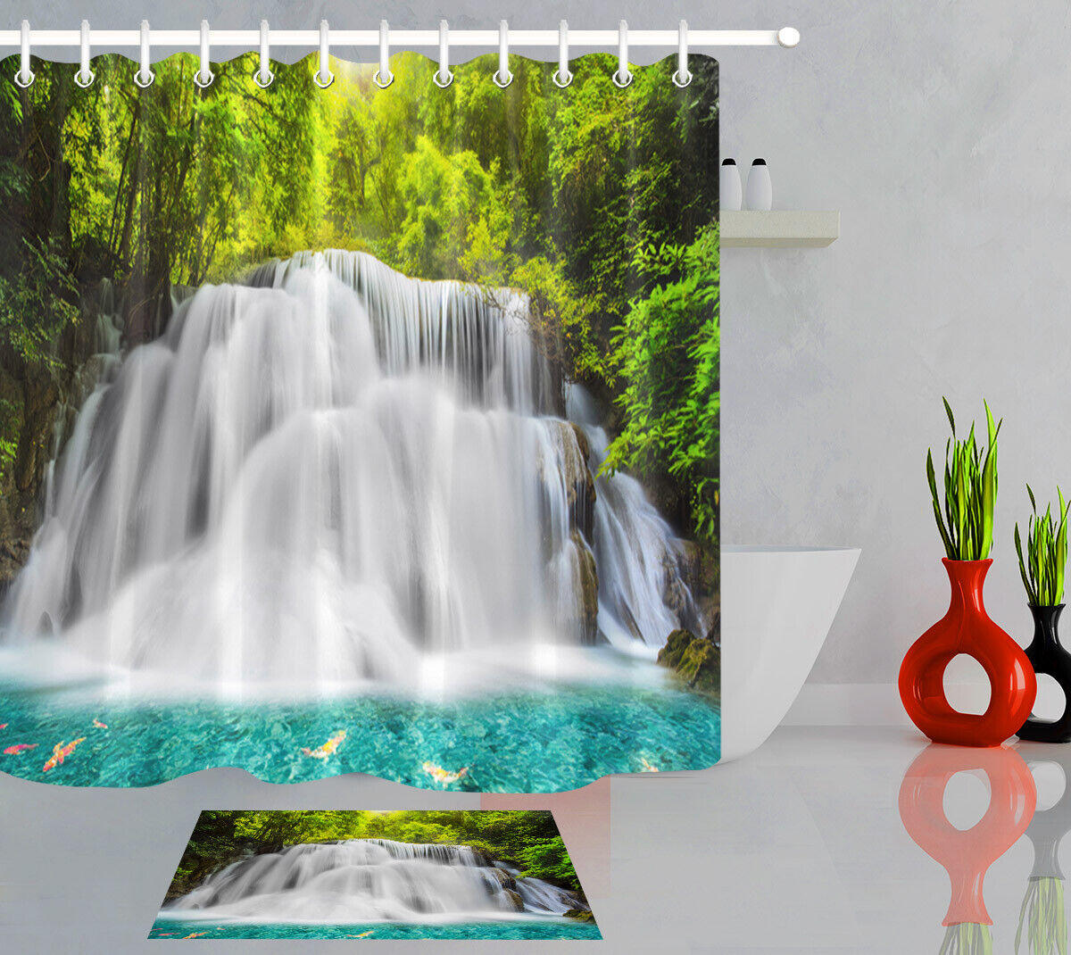 Green Jungle Waterfall Stream Scenery Fabric Shower Curtain, Waterproof Bathroom Decor With Nature Print