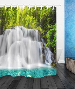 Green Jungle Waterfall Stream Scenery Fabric Shower Curtain, Waterproof Bathroom Decor With Nature Print