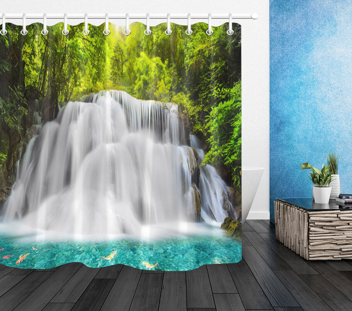 Green Jungle Waterfall Stream Scenery Fabric Shower Curtain, Waterproof Bathroom Decor With Nature Print