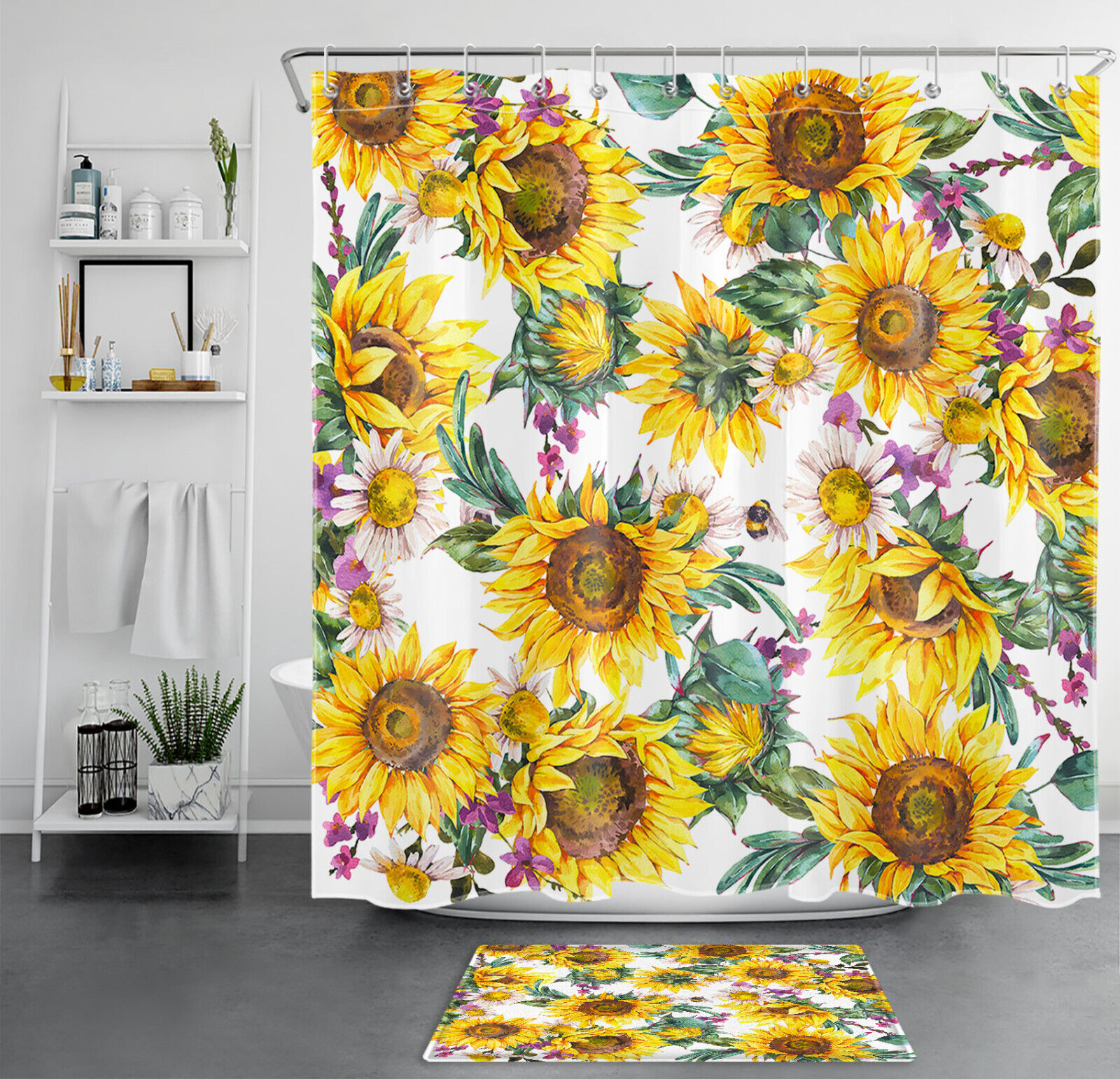 Green Leaf Beautiful Sunflower Vintage Shower Curtain for Bathroom Accessories