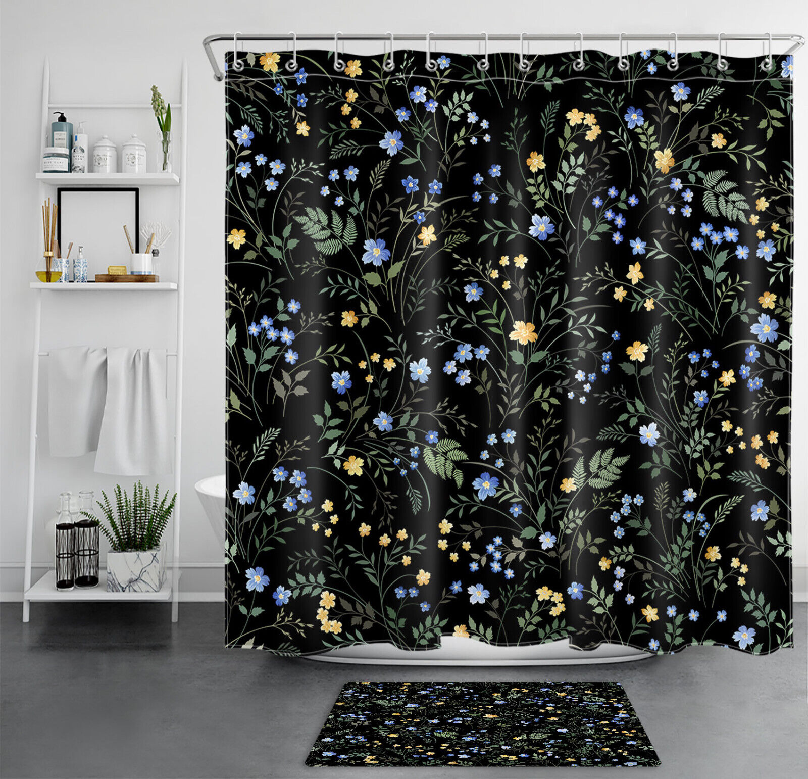 Green Leaf Blue Flower Black Botanical Shower Curtain For A Relaxing Bathroom