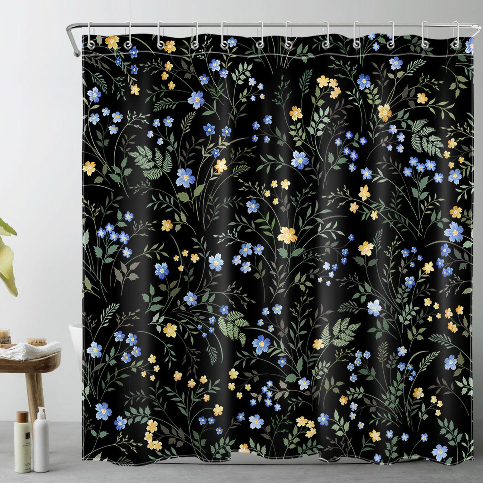 Green Leaf Blue Flower Black Botanical Shower Curtain For A Relaxing Bathroom - Image 2