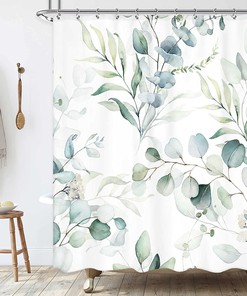 Green Leaf Botanical Shower Curtain Modern Watercolor Eucalyptus Branch Rustic Bath Decor