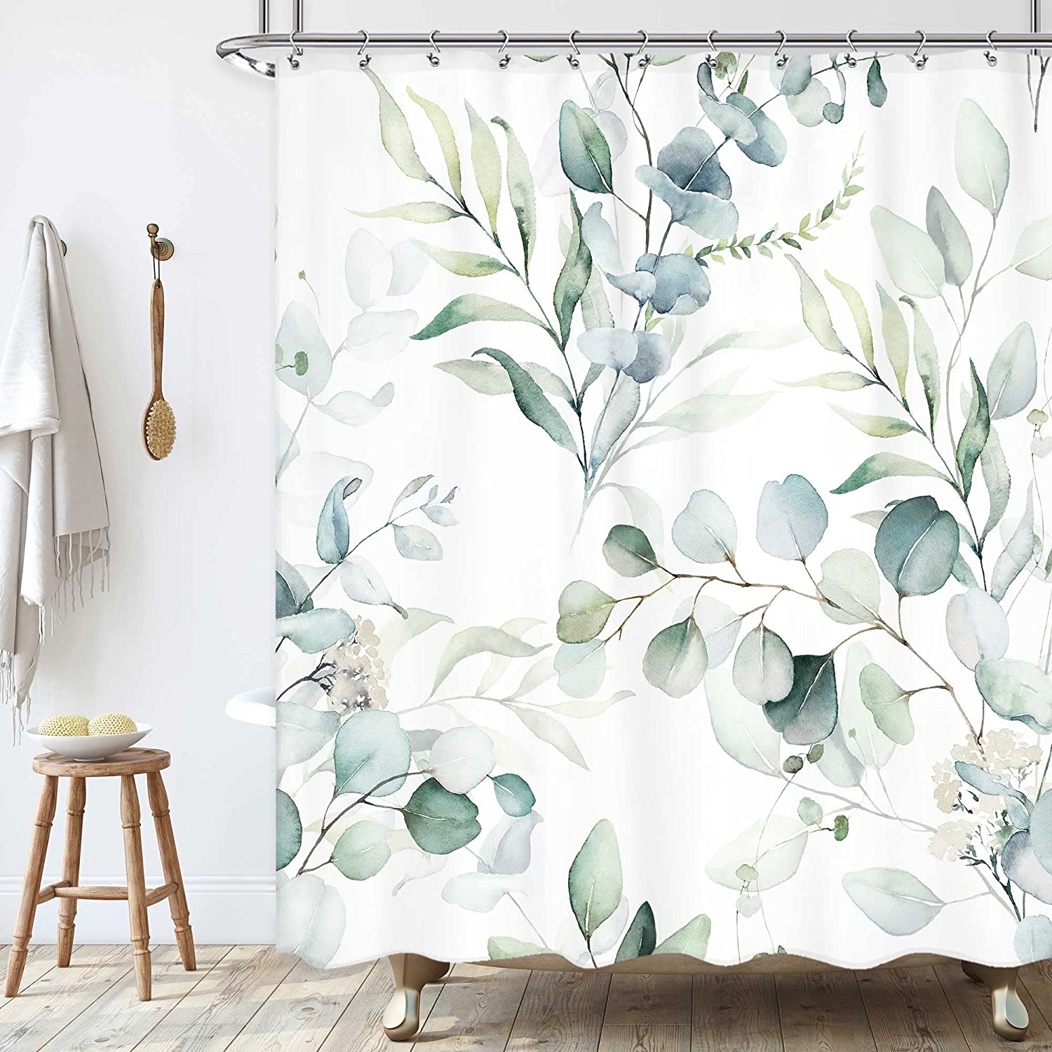 Green Leaf Botanical Shower Curtain Modern Watercolor Eucalyptus Branch Rustic Bath Decor