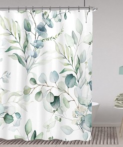Green Leaf Botanical Shower Curtain Modern Watercolor Eucalyptus Branch Rustic Bath Decor
