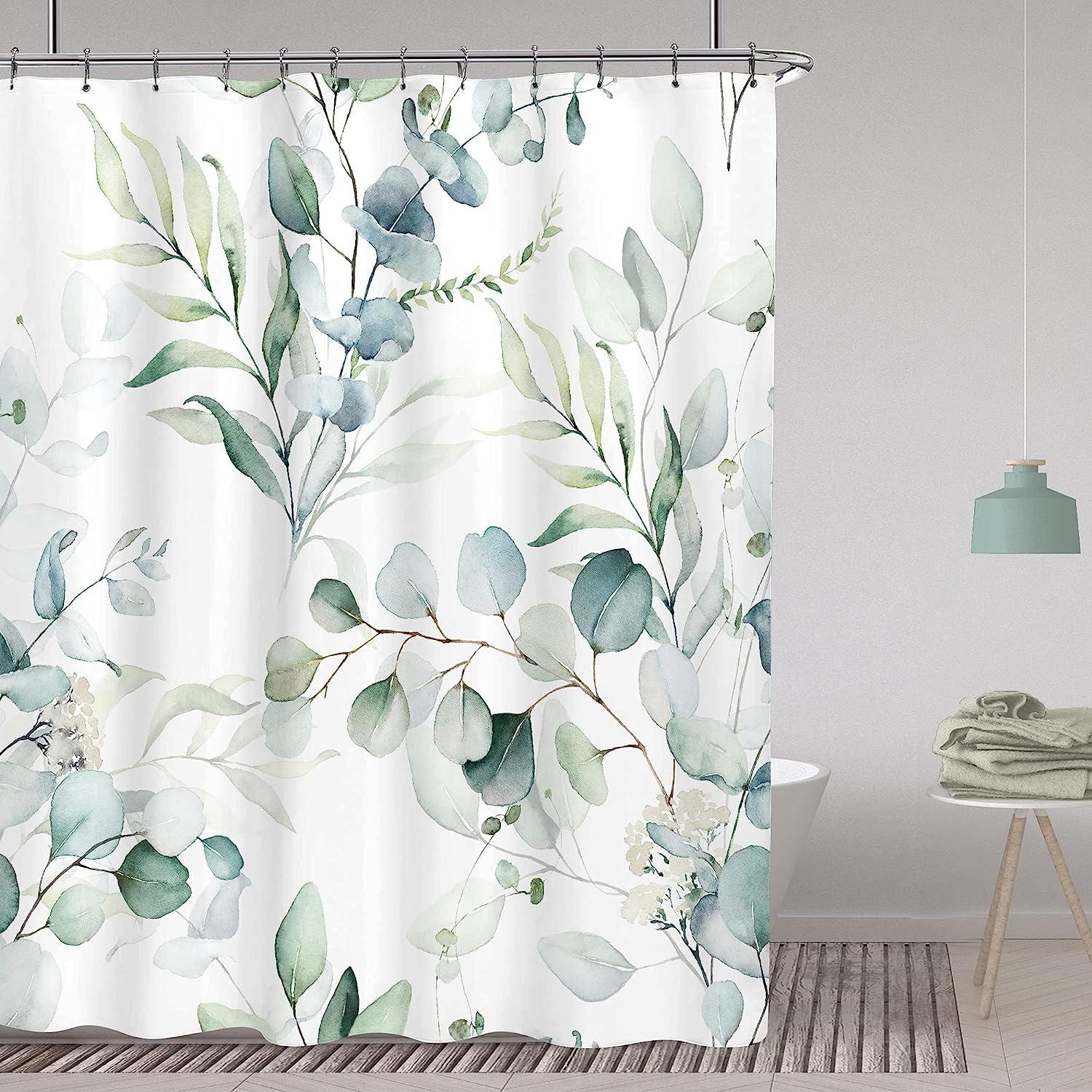 Green Leaf Botanical Shower Curtain Modern Watercolor Eucalyptus Branch Rustic Bath Decor