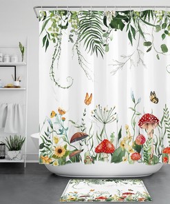 Green Leaf Butterfly Mushroom Shower Curtain for a Vibrant and Natural Bathroom Decor