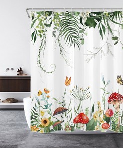 Green Leaf Butterfly Mushroom Shower Curtain for a Vibrant and Natural Bathroom Decor