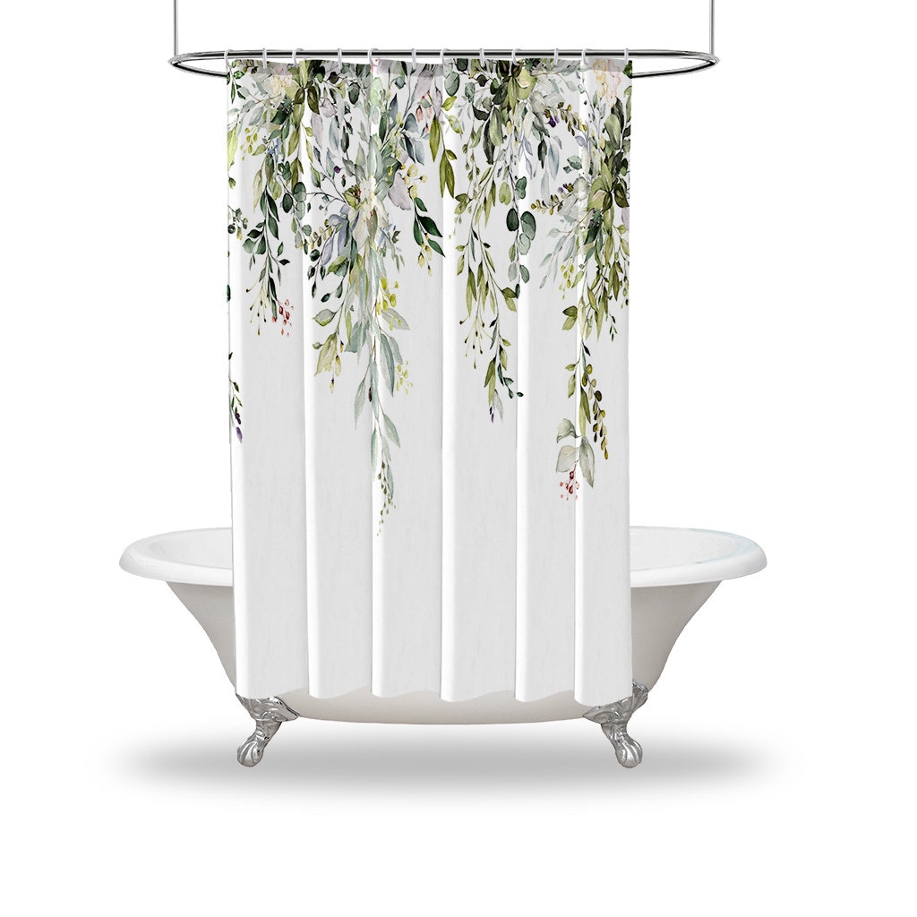 Green Leaf Floral And Pink Bud Flower Print Shower Curtain - Waterproof For Bathtub