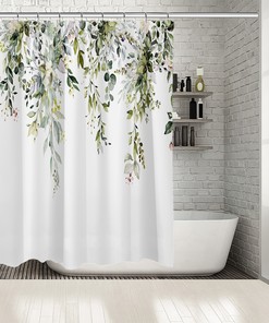 Green Leaf Floral And Pink Bud Flower Print Shower Curtain - Waterproof For Bathtub