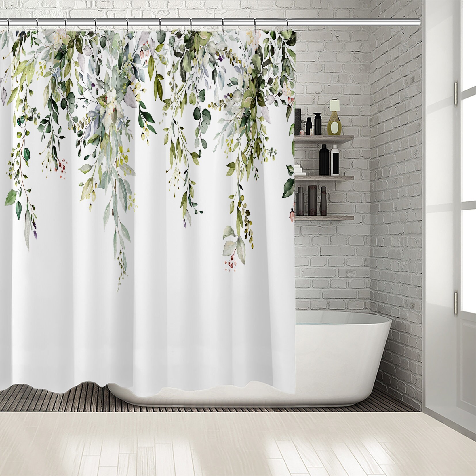 Green Leaf Floral And Pink Bud Flower Print Shower Curtain - Waterproof For Bathtub