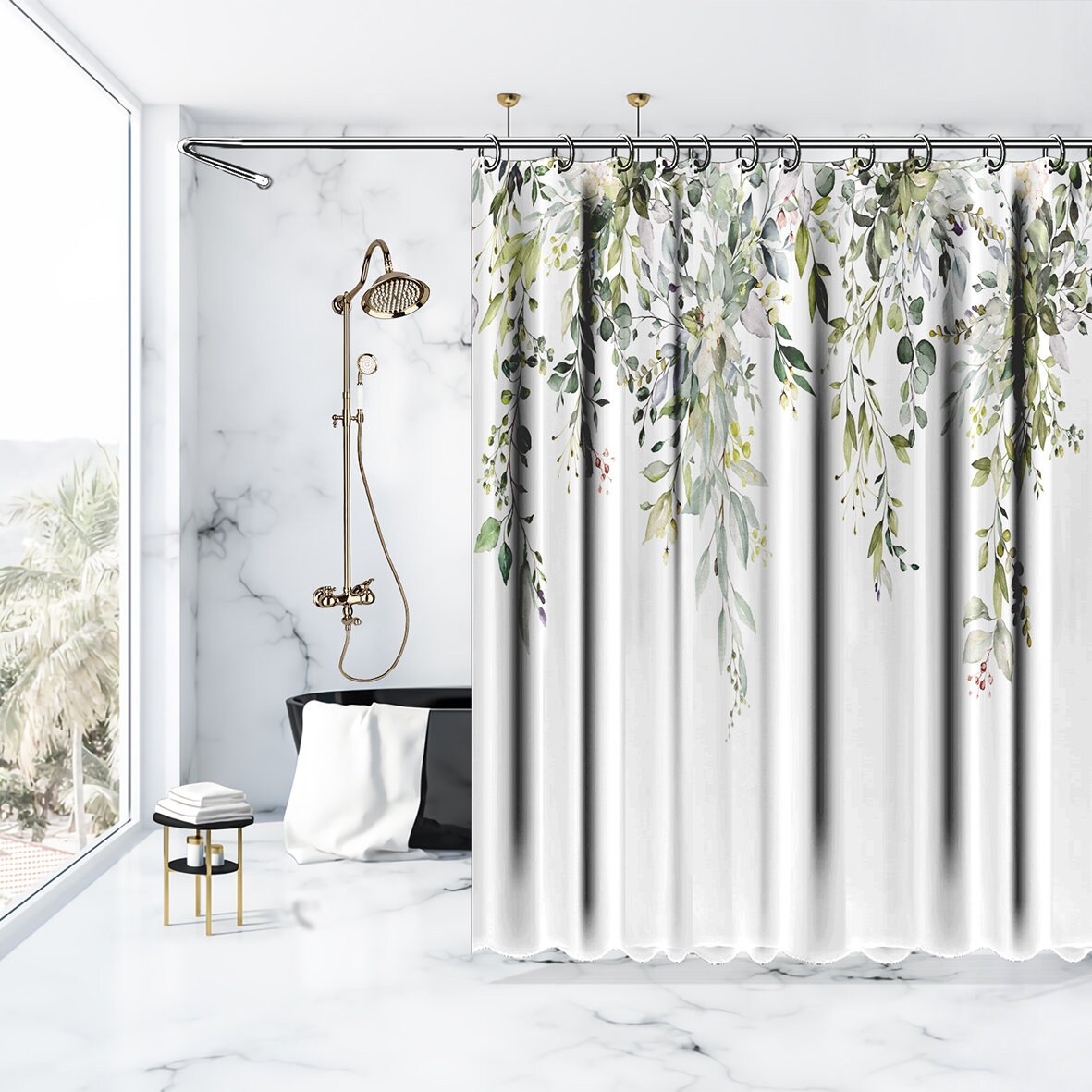Green Leaf Floral And Pink Bud Flower Print Shower Curtain - Waterproof For Bathtub