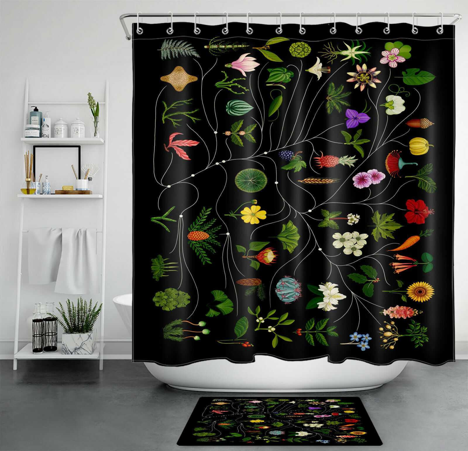 Green Leaf Floral Shower Curtain - Botanical Bathroom Accessory