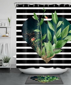 Green Leaf Flower Shower Curtain - Heart-shaped Black White Stripes Bathroom Decor