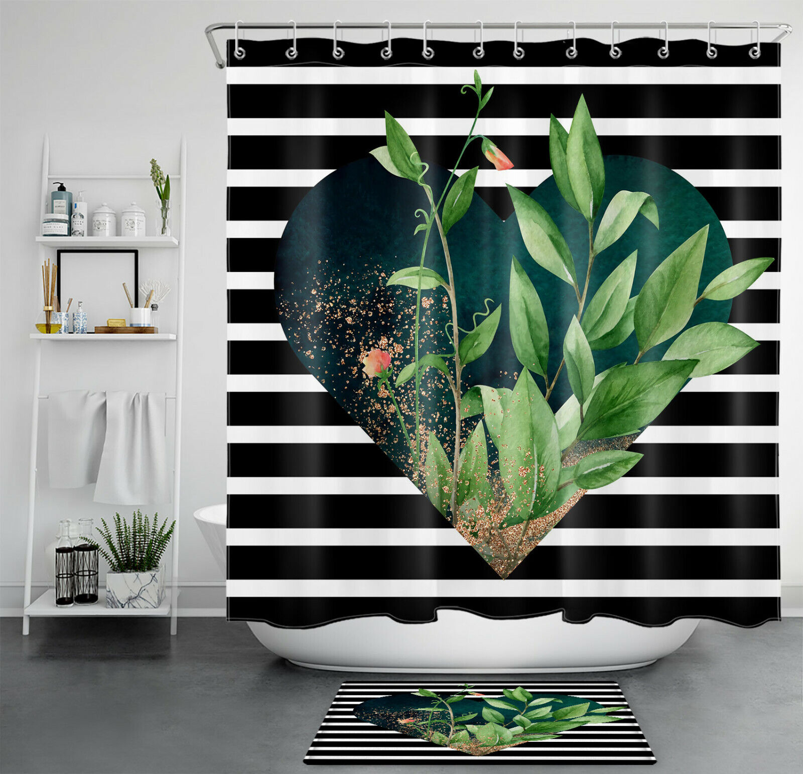 Green Leaf Flower Shower Curtain - Heart-shaped Black White Stripes Bathroom Decor