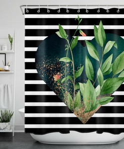 Green Leaf Flower Shower Curtain - Heart-shaped Black White Stripes Bathroom Decor