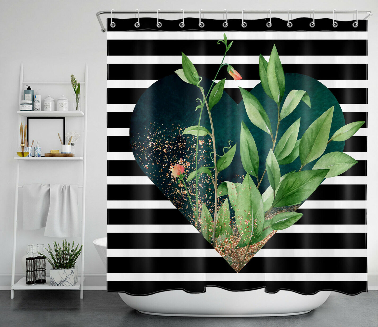 Green Leaf Flower Shower Curtain - Heart-shaped Black White Stripes Bathroom Decor